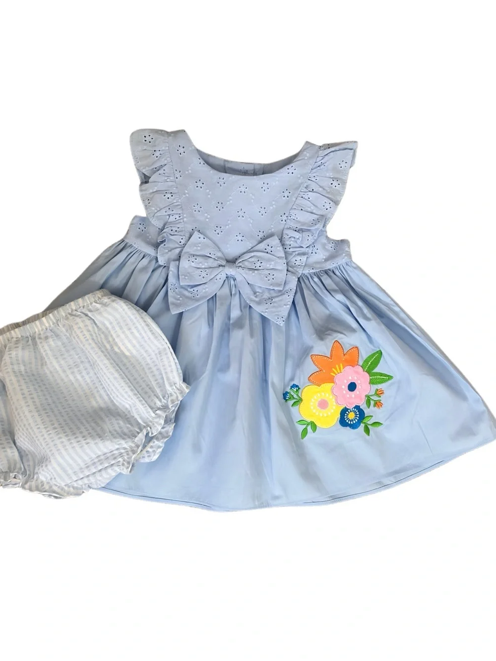 Light Blue Eyelet Bow Dress with Floral Appliqué for Baby Girls